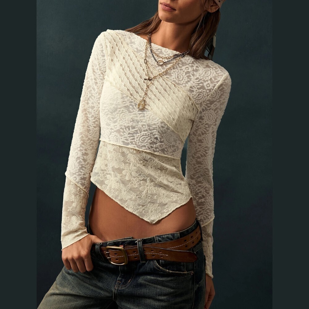Cream Sheer Lace Long Sleeve Asymmetric Hem Patchwork Tee